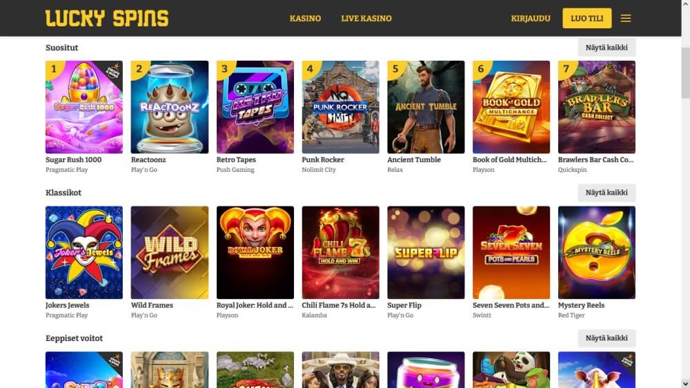 Lucky Spins pelivalikoima
